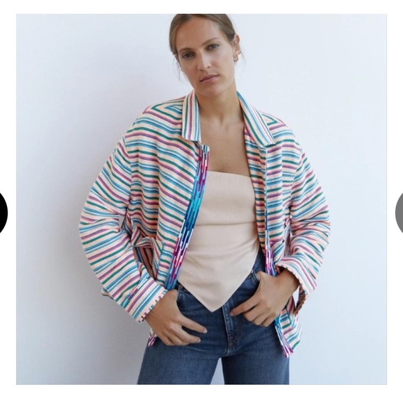 Zara Multicolor Textured Weave Jacket Striped Boho Large Blazer - Picture 2 of 12